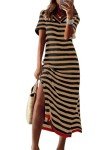 Dokotoo Maxi Dress for Women Casual V Neck Short Sleeve Stripe Split Long Dresses for Women Brown X Large