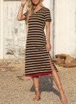 Dokotoo Maxi Dress for Women Casual V Neck Short Sleeve Stripe Split Long Dresses for Women Brown X Large