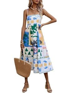 ABINGOO Women Graffiti Printed Maxi Cami Dress Square Neckline Sleeveless Spaghetti Strap Boho Dress Ruffle Flowy Swing Aline Sundress Summer 4#Graphic Off-White M
