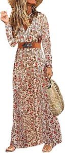 MessBebe Boho Floral Print Maxi Dress V Neck Long Sleeve High Waist Summer Smocked Dress for Women with Belt Red XXL