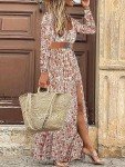 MessBebe Boho Floral Print Maxi Dress V Neck Long Sleeve High Waist Summer Smocked Dress for Women with Belt Red XXL