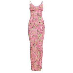 LASPIA Cowl Neck Dress Sexy Strap Shoulder Pleated Maxi Dresses Summer Wedding Guest Dresses for Women,Rose Red,Large