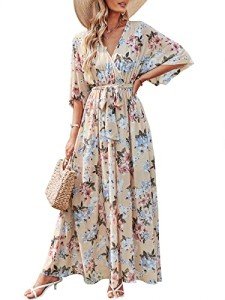 ANRABESS Women’s Summer Loose Boho Flowy Wrap V Neck 3/4 Sleeve Floral Print Slit Beach Wedding Guest Long Maxi Dresses 2024, Yellow Flor, X-Large