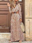 MessBebe Boho Floral Print Maxi Dress V Neck Long Sleeve High Waist Summer Smocked Dress for Women with Belt Red XXL