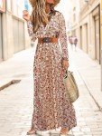 MessBebe Boho Floral Print Maxi Dress V Neck Long Sleeve High Waist Summer Smocked Dress for Women with Belt Red XXL