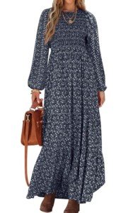 PRETTYGARDEN Women's Fall Dresses 2024 Long Sleeve Flowy Casual Floral Maxi Dress Crew Neck Smocked Tiered Long Dress, Navy, X-Large
