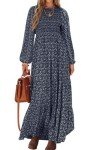 PRETTYGARDEN Women's Fall Dresses 2024 Long Sleeve Flowy Casual Floral Maxi Dress Crew Neck Smocked Tiered Long Dress, Navy, X-Large