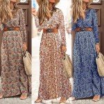 MessBebe Boho Floral Print Maxi Dress V Neck Long Sleeve High Waist Summer Smocked Dress for Women with Belt Red XXL