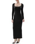 SHAPERX Women's Long Sleeve Dress Soft Lounge Ribbed Square Neck Bodycon Maxi Dresses, SZ5280-Black-L