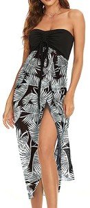 CHICALLURE Women's Summer Dresses Off Shoulder Sundress Sleeveless Drawstring Beach Maxi Dress (Black White Leaf,2XL)