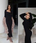 SHAPERX Women's Long Sleeve Dress Soft Lounge Ribbed Square Neck Bodycon Maxi Dresses, SZ5280-Black-L