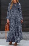 PRETTYGARDEN Women's Fall Dresses 2024 Long Sleeve Flowy Casual Floral Maxi Dress Crew Neck Smocked Tiered Long Dress, Navy, X-Large