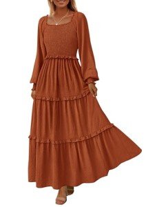 PRETTYGARDEN Women's Long Sleeve Smocked Maxi Dress Casual Square Neck Swiss Dot Tiered Ruffle Flowy Pocket Dresses (Brown,X-Large)