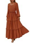 PRETTYGARDEN Women's Long Sleeve Smocked Maxi Dress Casual Square Neck Swiss Dot Tiered Ruffle Flowy Pocket Dresses (Brown,X-Large)
