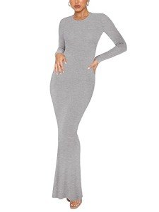 REORIA Women's Sexy Crew Neck Lounge Long Dress Elegant Long Sleeve Ribbed Bodycon Maxi Dresses, Light Grey, Small