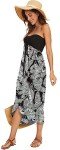 CHICALLURE Women's Summer Dresses Off Shoulder Sundress Sleeveless Drawstring Beach Maxi Dress (Black White Leaf,2XL)