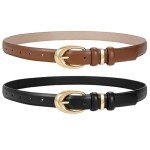 2 Pack Women's Leather Belts with Gold Buckle