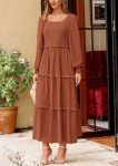 PRETTYGARDEN Women's Long Sleeve Smocked Maxi Dress Casual Square Neck Swiss Dot Tiered Ruffle Flowy Pocket Dresses (Brown,X-Large)