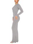 REORIA Women's Sexy Crew Neck Lounge Long Dress Elegant Long Sleeve Ribbed Bodycon Maxi Dresses, Light Grey, Small