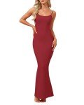 WNEEDU Womens Slip Maxi Dress Sexy Ribbed Bodycon Dresses Square Neck Sleeveless Long Dress, Burgundy M