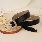 Stylish Women's Black Leather Belt with Gold Buckle