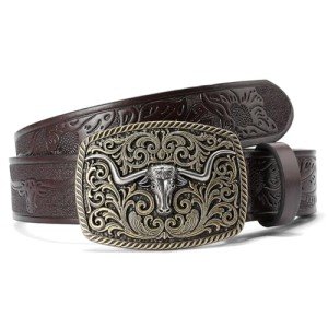 Western Cowboy Belt with Longhorn Bull Buckle