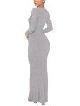 REORIA Women's Sexy Crew Neck Lounge Long Dress Elegant Long Sleeve Ribbed Bodycon Maxi Dresses, Light Grey, Small