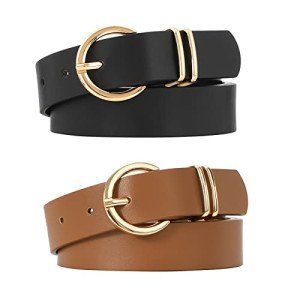 2 Pack Women's Leather Belts with Gold Buckles