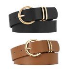 2 Pack Women's Leather Belts with Gold Buckles