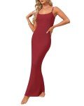 WNEEDU Womens Slip Maxi Dress Sexy Ribbed Bodycon Dresses Square Neck Sleeveless Long Dress, Burgundy M