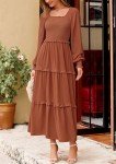 PRETTYGARDEN Women's Long Sleeve Smocked Maxi Dress Casual Square Neck Swiss Dot Tiered Ruffle Flowy Pocket Dresses (Brown,X-Large)
