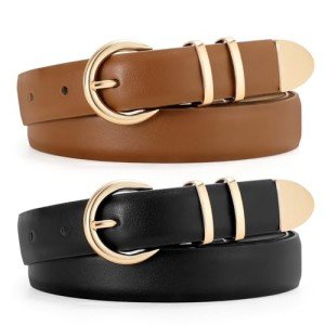 2 Pack Women's Leather Belts with Gold Buckles