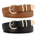2 Pack Women's Leather Belts with Gold Buckles