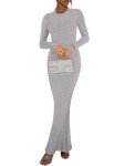 REORIA Women's Sexy Crew Neck Lounge Long Dress Elegant Long Sleeve Ribbed Bodycon Maxi Dresses, Light Grey, Small