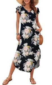 MISFAY Women 2024 Summer Casual Ruffle Sleeve Dress Beach Cover Up Long Maxi Dresses with Pocket,Floral Black Pink,L