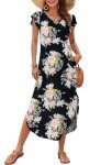 MISFAY Women 2024 Summer Casual Ruffle Sleeve Dress Beach Cover Up Long Maxi Dresses with Pocket,Floral Black Pink,L