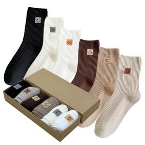 Cute Crew Socks Set with Smiling Face Embroidery