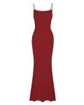 WNEEDU Womens Slip Maxi Dress Sexy Ribbed Bodycon Dresses Square Neck Sleeveless Long Dress, Burgundy M