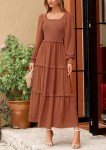 PRETTYGARDEN Women's Long Sleeve Smocked Maxi Dress Casual Square Neck Swiss Dot Tiered Ruffle Flowy Pocket Dresses (Brown,X-Large)