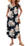 MISFAY Women 2024 Summer Casual Ruffle Sleeve Dress Beach Cover Up Long Maxi Dresses with Pocket,Floral Black Pink,L