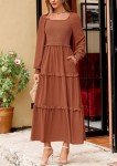 PRETTYGARDEN Women's Long Sleeve Smocked Maxi Dress Casual Square Neck Swiss Dot Tiered Ruffle Flowy Pocket Dresses (Brown,X-Large)