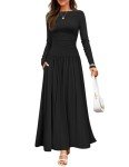 ZESICA Women's Long Sleeve Spring Maxi Dress Crewneck Knit Casual Slim Swing Pleated Dresses with Pockets, Black, Small