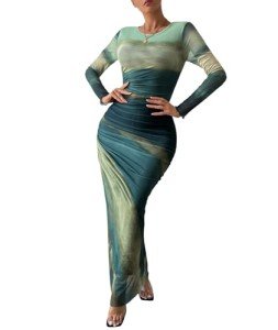 MARZXIN Womens Long Sleeve Maxi Dress Bodycon Ruched Natural Slim Fit Tie Dye Dress Cocktail Dresses Mesh Dress, A-color156, Small