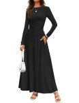 ZESICA Women's Long Sleeve Spring Maxi Dress Crewneck Knit Casual Slim Swing Pleated Dresses with Pockets, Black, Small
