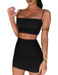 BEAGIMEG Women's Ruched Cami Crop Top Bodycon Skirt 2 Piece Outfits Dress, Black, Small