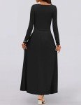 ZESICA Women's Long Sleeve Spring Maxi Dress Crewneck Knit Casual Slim Swing Pleated Dresses with Pockets, Black, Small