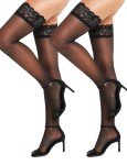 Lace Top Thigh High Stockings - Black, 2 Pairs