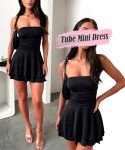 OZICERD Bandeau Summer Mini Dresses for Women Trendy Y2k Babydoll Ruffle Ruched Going Out Club Cocktail Tube Casual Dress Black M