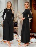 ZESICA Women's Long Sleeve Spring Maxi Dress Crewneck Knit Casual Slim Swing Pleated Dresses with Pockets, Black, Small