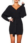 Zonsaoja Women's Sweater Dress Sexy V Neck Long Sleeve Backless Wrap Knitted Mini Dresses Black S